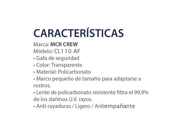 Anteojo Checklite Lente Transparente MCR CREW CL110AF - Caracteristicas - EPP Industrial