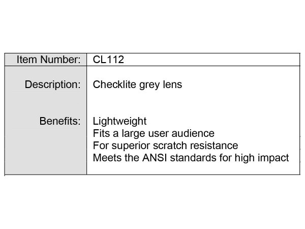 Lentes de seguridad Grey Lens Checklite CL112 - caracteristicas - EPP Industrial